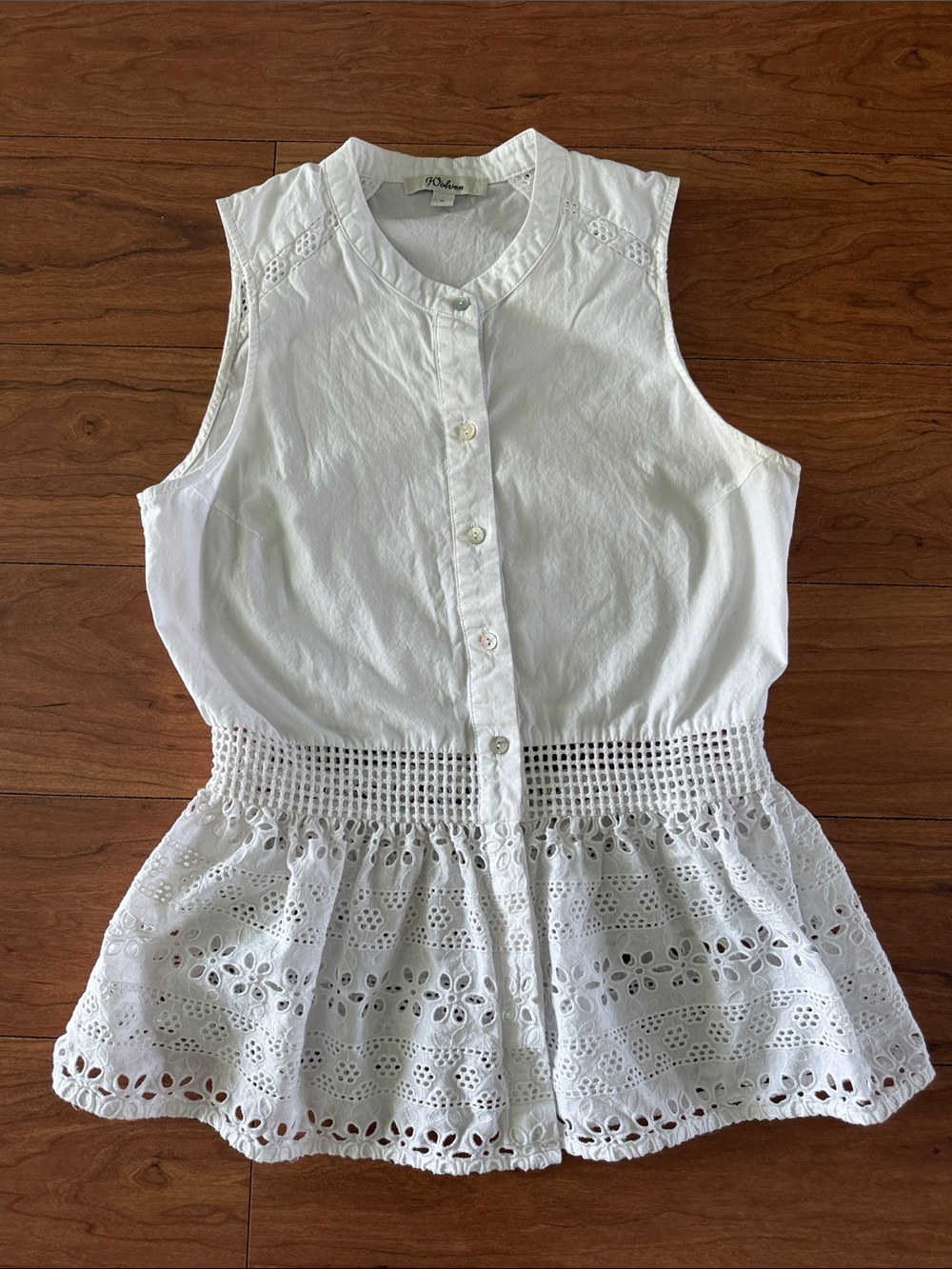 Wolven White Sleeveless Eyelet Button-Front Peplum Top